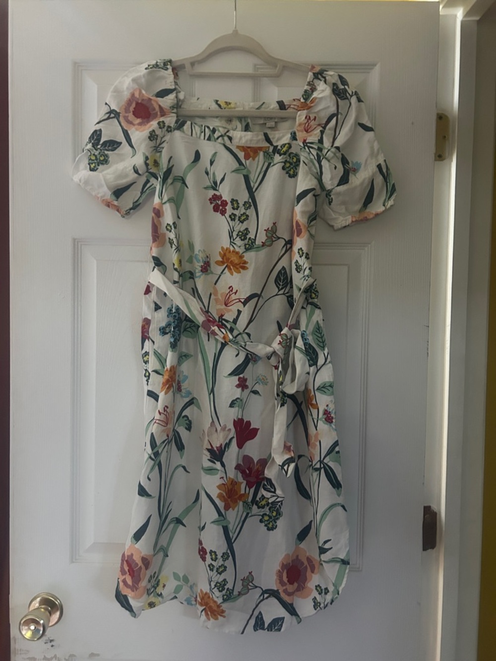 LOFT White Floral Midi Dress with Puff Sleeves and Tie Belt